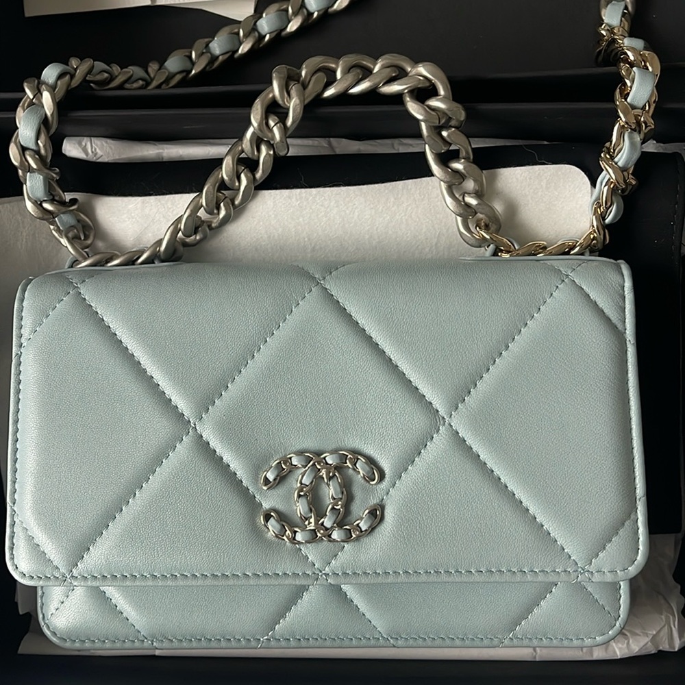 SOLD Chanel 19 Quilted Wallet Chain WOC Light Blue lambskin Mixed Hardware 22B